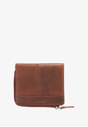 Brown leather wallet with a textured surface, zip-around closure, and embossed brand name. Features card slots and a compact design.