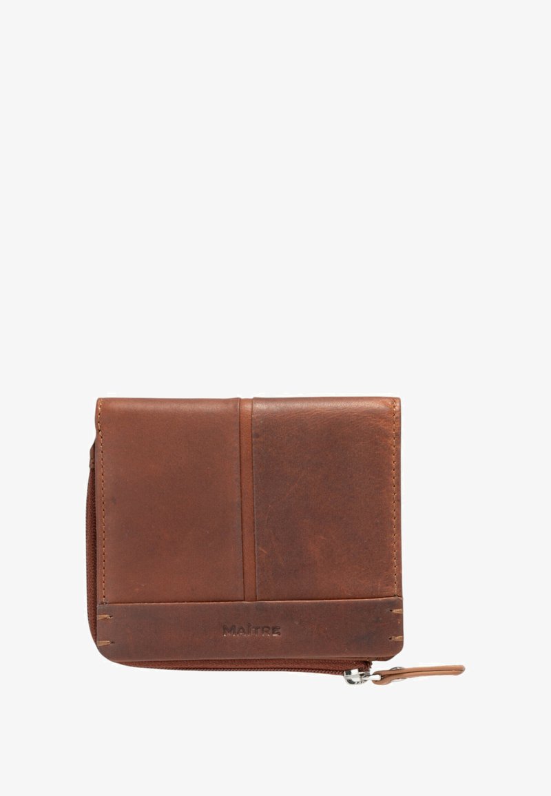 Braune Lederbörse mit strukturierter Oberfläche, Reißverschluss rundum und eingeprägtem Markennamen. Verfügt über Kartenfächer und ein kompaktes Design.