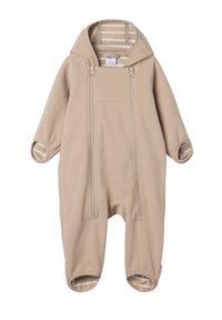Beige fleece babysuit met een capuchon. Voorzien van ritssluitingen aan de voorkant, lange mouwen en gestreepte voering op de capuchon en manchetten.