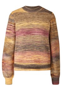 Pull multicolore à col rond avec des rayures horizontales dans des nuances de jaune, marron, rose et violet, doté de manches longues avec des poignets côtelés.