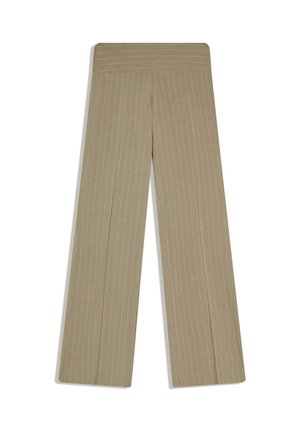 Wide-leg beige trousers with subtle vertical pinstripes and a high waistband, laid flat on a white background.