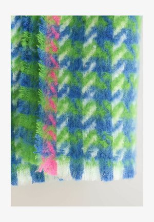 Fuzzy knitted fabric with blue, green, white, and pink houndstooth pattern and a vertical pink stripe on the left side.