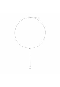 Srebrny naszyjnik łańcuszkowy z pionowym zwisem i pojedynczą perłą na końcu, charakteryzujący się eleganckim, minimalistycznym wzornictwem.
