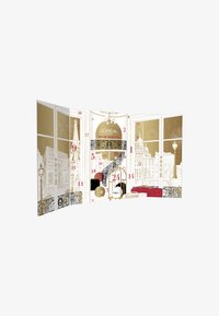 L'Oréal Paris adventskalender met een gouden en witte design, met vensters en nummers, een Parijse skyline en decoratieve accenten.