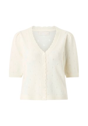 Cream-colored short-sleeve knit cardigan with V-neck, button-down front, subtle pattern, and ribbed edges on sleeves and hem.