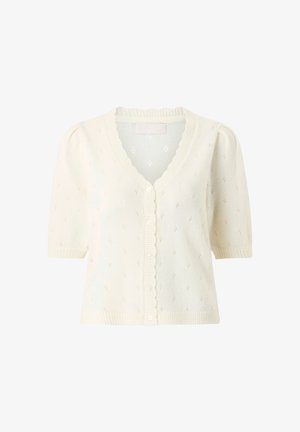 Cream-colored short-sleeve knit cardigan with V-neck, button-down front, subtle pattern, and ribbed edges on sleeves and hem.