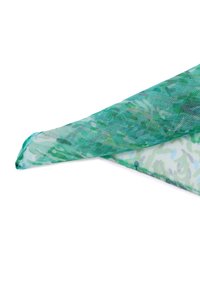 Sciarpa verde trasparente con un motivo floreale, texture leggera e bordi sfiniti. Il design presenta tonalità più chiare di verde e blu.