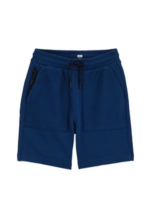 Tengerészkék alkalmi rövidnadrág texturált elülső zsebekkel, rugalmas derékrésszel és fekete fűzővel, fém végződésekkel.