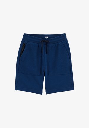 Pantaloni scurți casual bleu marin cu buzunare texturate în față, talie elastică și șnur negru cu capete metalice.