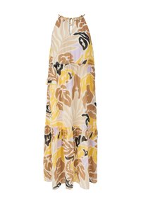 Maxikleid mit Halterneck, ausgestattet mit großen tropischen Blätterdrucken in Gelb-, Braun- und Schwarztönen. Fließender Stoff und Rüschensaum.