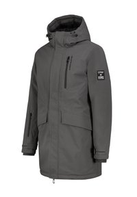 Gray waterproof jacket with a hood, zippered chest pocket, side pockets, and ribbed cuffs. Features branding on the sleeve.