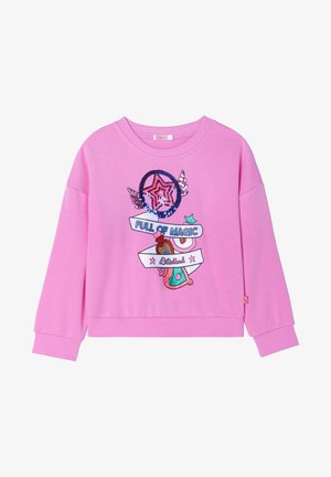 Różowa bluza z długim rękawem z wzorem gwiazdy i skrzydeł, błyszczącymi cekinami oraz napisem „Full of Magic” na przodzie.