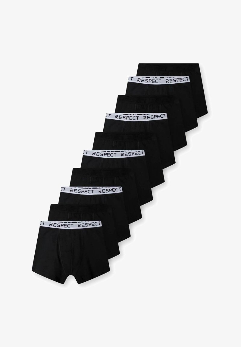 Zestaw czarnych bokserek z białym, elastycznym paskiem z napisem "RESPECT". Charakteryzują się dopasowaniem i miękkim materiałem.