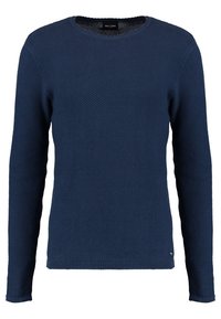 Granatowy dzianinowy sweter z okrągłym dekoltem, teksturowaną tkaniną, ściągaczami na mankietach i u dołu. Na wysokości talii znajduje się mała metka z logo marki.