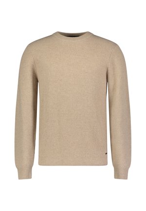 Beige gerippter Strickpullover mit langen Ärmeln und Rundhalsausschnitt. Das Material scheint weich mit einer strukturierten Oberfläche zu sein. Keine sichtbaren Logos oder Muster.