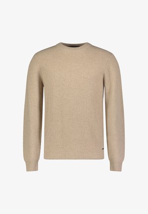 Beige ribbet striktrøje med lange ærmer og rund halsudskæring. Materialet ser blødt ud med en tekstureret overflade. Ingen synlige logoer eller mønstre.