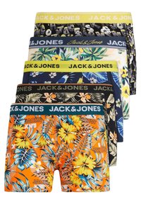 Sechs Paare Herrenboxershorts in verschiedenen Farben und mit Blumenmustern. Merkmale sind schwarze und gelbe Bündchen mit dem "JACK & JONES" Logo.