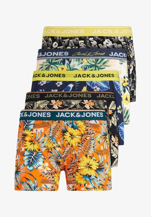 Sechs Paare Herrenboxershorts in verschiedenen Farben und mit Blumenmustern. Merkmale sind schwarze und gelbe Bündchen mit dem "JACK & JONES" Logo.
