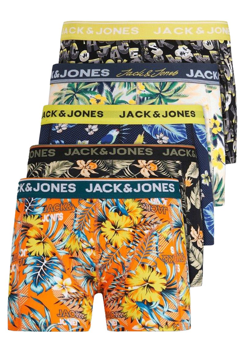 Sechs Paare Herrenboxershorts in verschiedenen Farben und mit Blumenmustern. Merkmale sind schwarze und gelbe Bündchen mit dem "JACK & JONES" Logo.