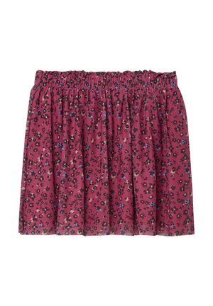 Rosa plissierter Rock mit elastischem Bund und kleinem schwarz-beige-blauem Blumenmuster auf weißem Hintergrund.