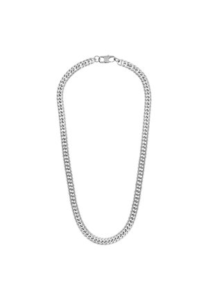 Zilveren ketting met in elkaar grijpende schakels met een gladde textuur en een veilige sluiting, wat zorgt voor een glanzend, gepolijst uiterlijk.