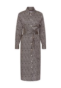 Abito midi con maniche lunghe, collo e cintura legata, caratterizzato da un motivo floreale astratto in nero e beige.