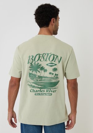 Mand iført lysegrøn T-shirt med grøn grafik af palmer, båd og teksten "Boston 2000M Charles River River Heritage Regatta" på ryggen.