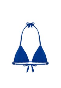 Blue triangle bikini top made of smooth material, featuring thin straps tied at the neck and back, with a central seam and adjustable fit.