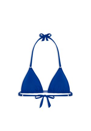 Blue triangle bikini top made of smooth material, featuring thin straps tied at the neck and back, with a central seam and adjustable fit.