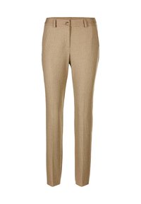 Beige op maat gemaakte broek met slim fit, sluiting aan de voorkant met knoop, riemlussen en een subtiele textuurpatroon van de stof.