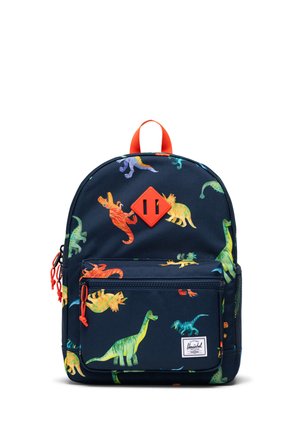 Zaino blu navy con stampe colorate di dinosauri, tirazip arancioni, tasca frontale e manico superiore, adatto ai bambini.