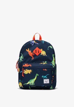 Sac à dos bleu marine avec des motifs colorés de dinosaures, des tirettes orange, une poche avant et une poignée supérieure, adapté aux enfants.