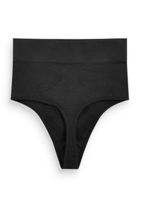 Zwarte high-waisted thong van rekbare stof. Heeft een soepele tailleband, naadloze randen en een minimalistisch ontwerp.