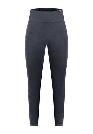 Mustat leggingsit, jotka on valmistettu joustavasta kankaasta, korkealla vyötäröllä, sileällä pinnalla ja istuvalla siluetilla.