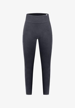 Leggings negros hechos de tejido elástico, con una cinturilla alta, textura suave y silueta ajustada.