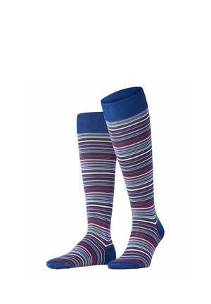 Pair of knee-high socks with horizontal stripes in blue, white, red, and purple tones, featuring solid blue cuffs and heels.