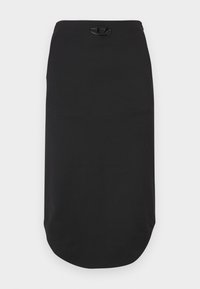 Fekete ceruzaszoknya sima anyagból. Kerek alsó szegéllyel és a derékrészen feltűnő fekete logóval rendelkezik. Egyszerű kialakítás, minták nélkül.