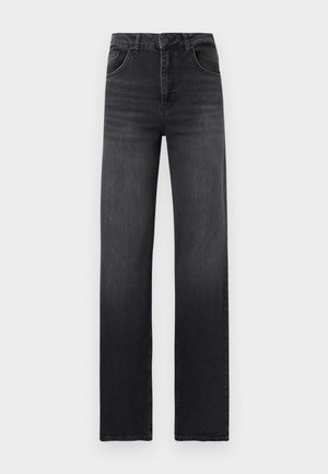 Jean noir taille haute à jambes droites avec poches avant, passants pour ceinture et détails subtils délavés sur les cuisses.