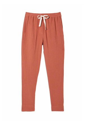 Rostfarbene, strukturierte Loungebuxe mit elastischem Bund und weißem Kordelzug, Seitentaschen und zulaufenden Beinen.