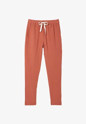 Spodnie do wypoczynku w kolorze rdzy o fakturze, z elastycznym pasem i białym sznurkiem, z bocznymi kieszeniami i zwężanymi nogawkami.