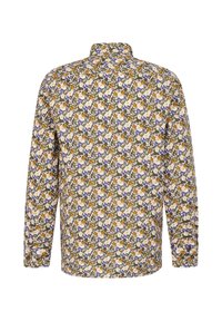 Langärmliges Hemd mit floralem Muster in Orange, Lila und Grün auf einem cremefarbenen Hintergrund; verfügt über einen Kragen und Knopfmanschetten.