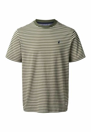 Grün-weiß gestreiftes T-Shirt mit kurzen Ärmeln, Rundhalsausschnitt und kleinem dunklem Logo auf der linken Brust.