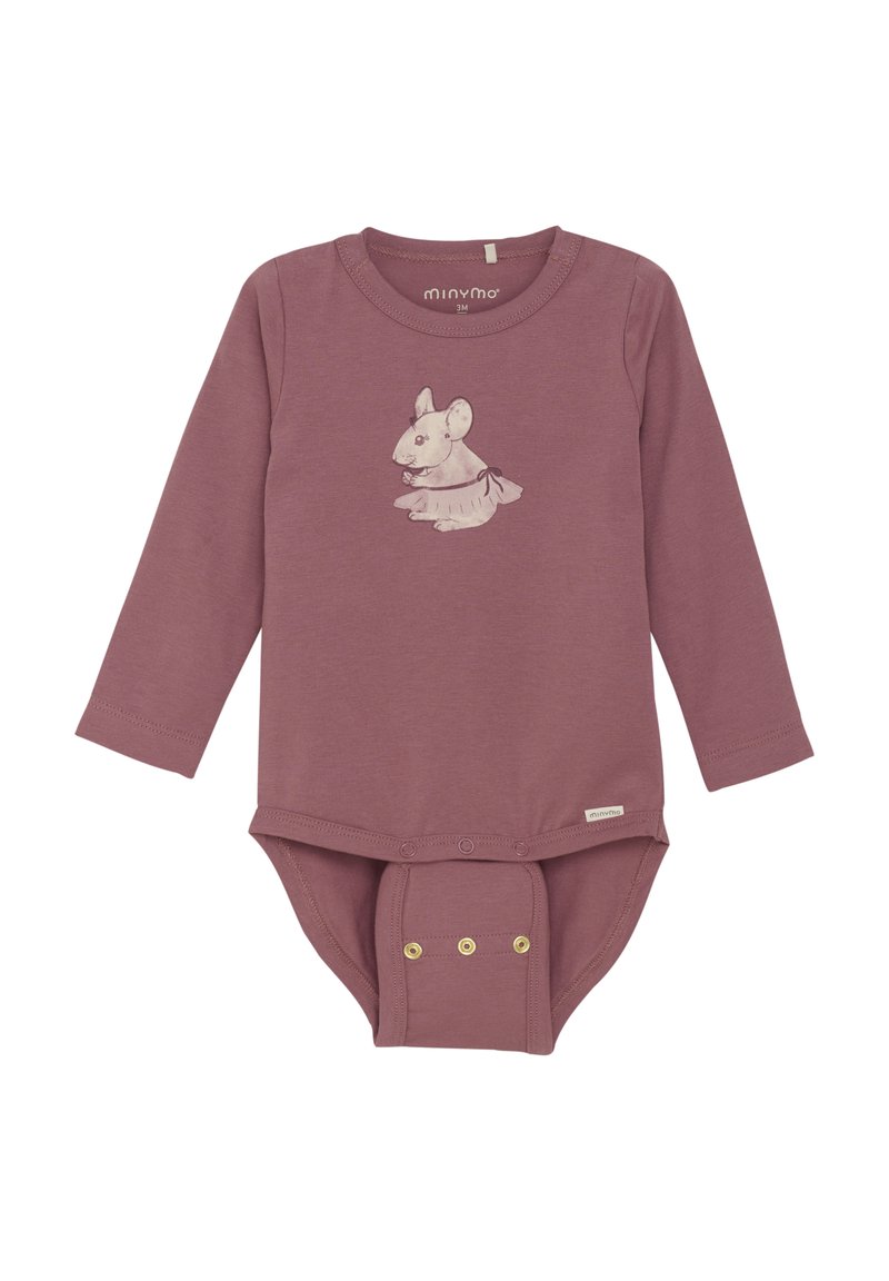 Långärmad bodysuit i dammig ros med en kaninillustration på bröstet och tryckknappsstängning i botten för enkel påklädning.