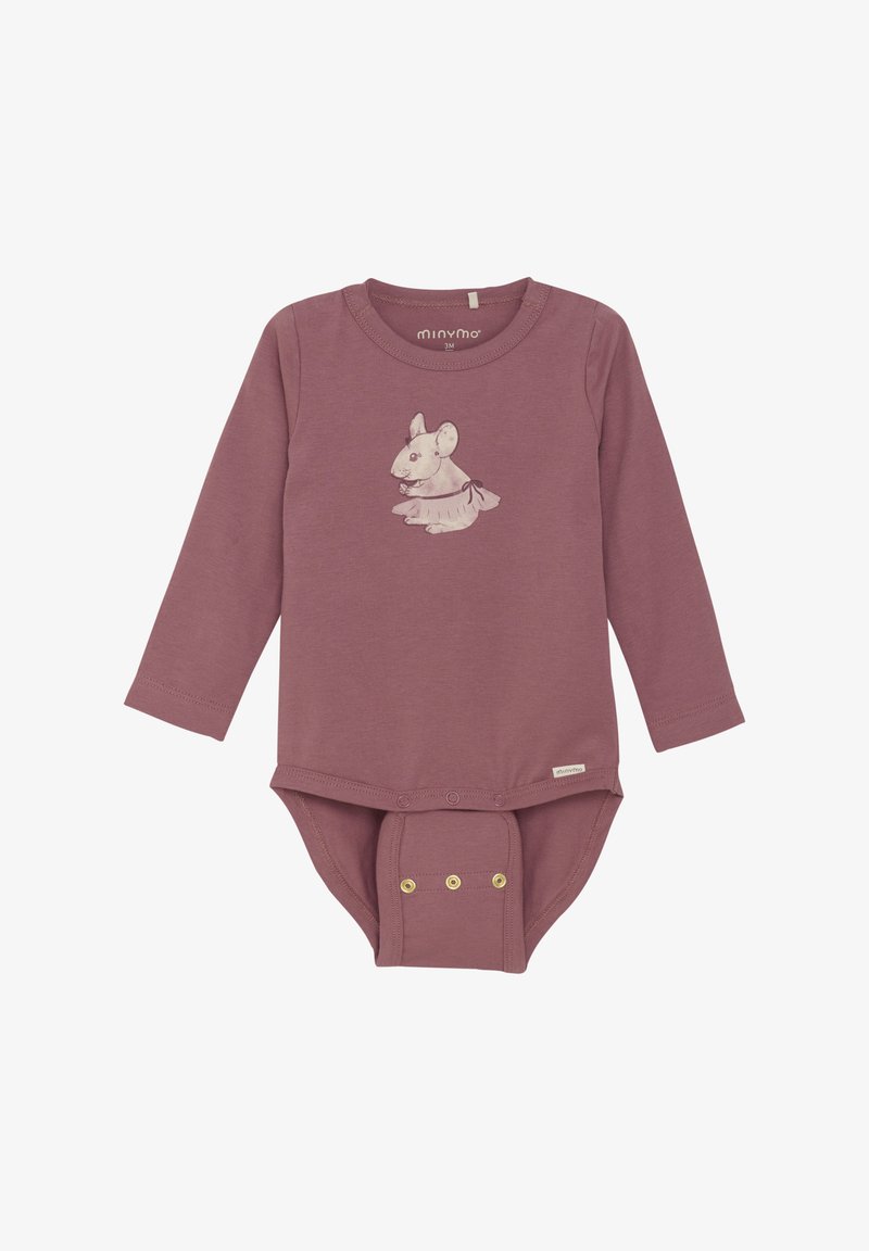 Långärmad bodysuit i dammig ros med en kaninillustration på bröstet och tryckknappsstängning i botten för enkel påklädning.