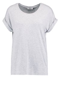 Jasnoszary t-shirt z miękkiej bawełny, z okrągłym dekoltem i podwiniętymi krótkimi rękawami. Prosty design bez wzorów ani ozdób.