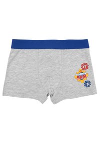 Boxer shorts grigi in cotone con cintura blu, caratterizzati da vivaci loghi e icone dell'attrezzatura di "Fireman Sam" su un lato. Texture morbida.