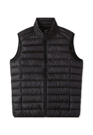 Gilet imbottito senza maniche nero con design a righe verticali, colletto alto, zip frontale e tasca laterale per funzionalità.