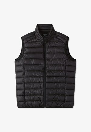 Gilet imbottito senza maniche nero con design a righe verticali, colletto alto, zip frontale e tasca laterale per funzionalità.