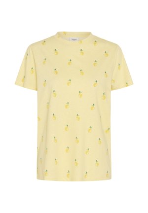 Tricou galben deschis cu mâneci scurte, guler rotund și un model mic repetat de lămâi galbene cu frunze verzi.