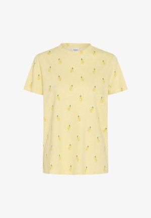 Tricou galben deschis cu mâneci scurte, guler rotund și un model mic repetat de lămâi galbene cu frunze verzi.